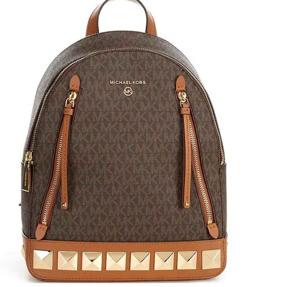 MICHAEL KORS BROOKLYN BACKPACK BROWN LOGO PYRAMID STUD TRAVEL SCHOOL BAG NWT!
